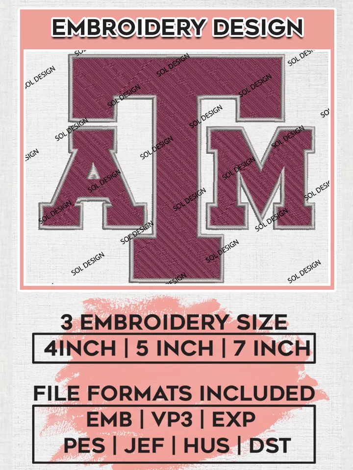 NCAA TAM Aggies Team Logo Embroidery Design Files, NCAA Texas A&M Aggies Machine Embroidery, NCAA Teams, 3 sizes, NCAA Machine embroidery designs, Digital Download