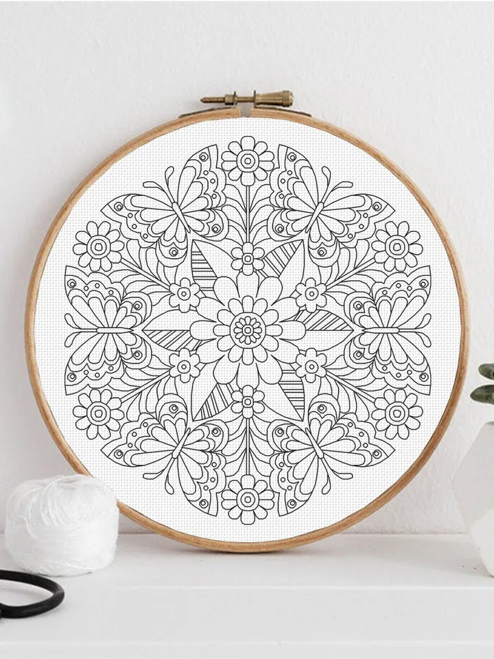 Floral mandala blackwork pattern PDF Blackwork mandala embroidery download PDF, Mandala butterfly Backstitch chart Blackwork embroidery #W19
