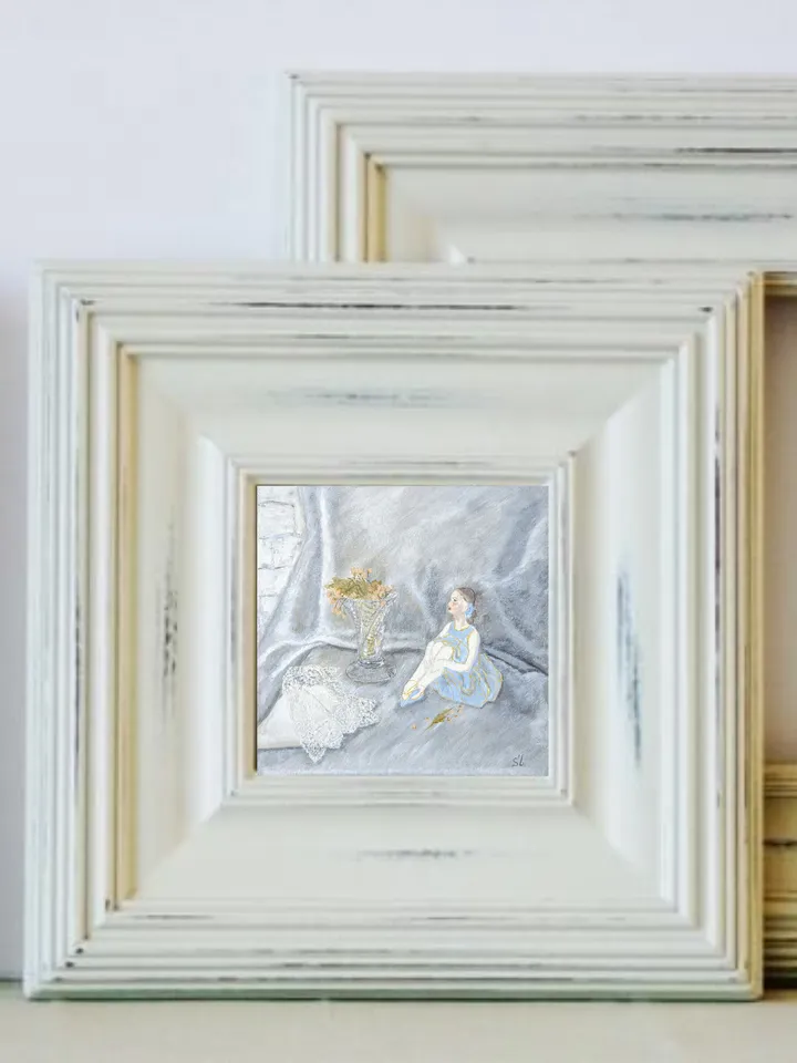 Oil painting, still life with a ballerina figurine, vase and delicate lace handkerchief. Vintage things. Miniature oil painting 12x12 inches