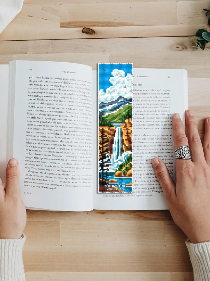 Yellowstone National park bookmark cross stitch pattern PDF download, Nature cross stitch chart, Mountain waterfall Bookmark pattern #B223