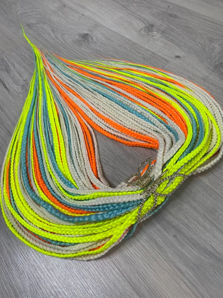 Neon Synthetic braids yellow orange unicorn dreads DE. Synthetic dreadlock extensions. Rainbow braids full set.