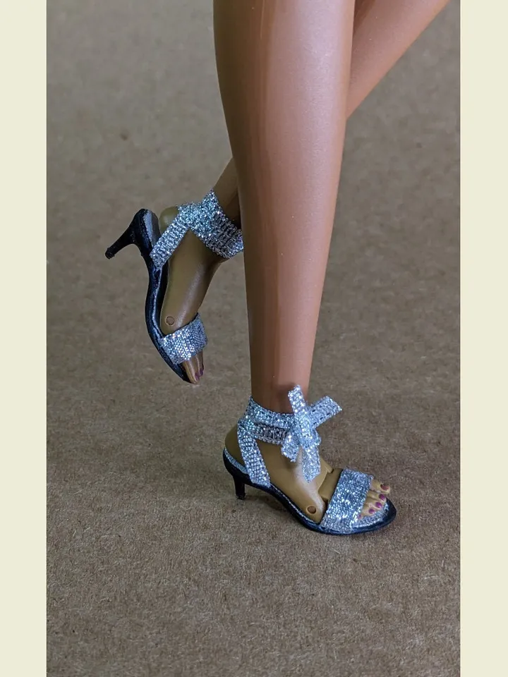 Handmade silver sandals with ribbon for 16-inch Fashion Royalty doll (FR16)