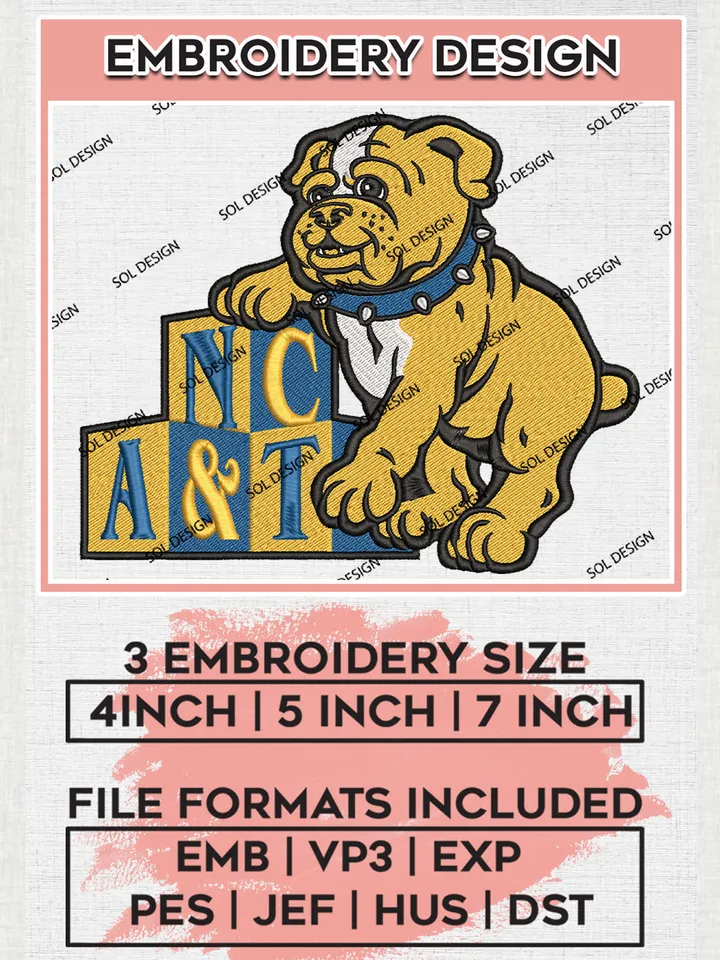 NCAA NC A&T College Team Mascot Logo Embroidery Design Files, NCAA North Carolina A&T Aggies Machine Embroidery, NCAA Teams, Game Day, 3 sizes, NCAA Machine embroidery designs, Digital Download