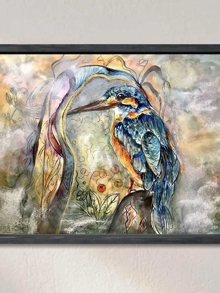 Kingfisher bird original watercolour mix media painting on watercolour paper,birds painting original wall art,interier decoration,gift.