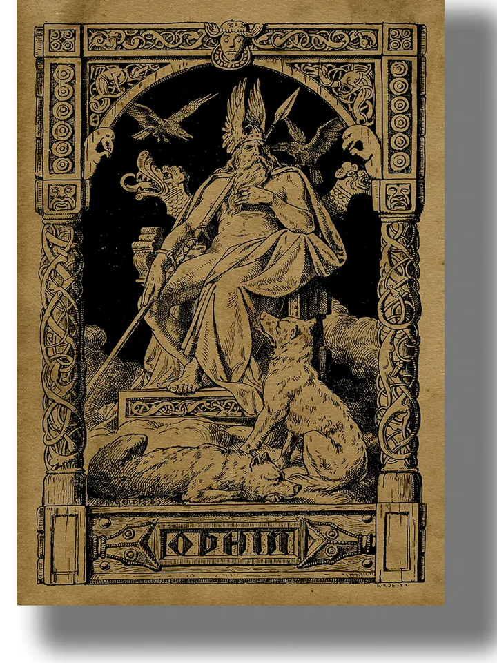 The scandinavian god Odin with the ravens Hugin and Mugin, the wolves Geri and Freki.