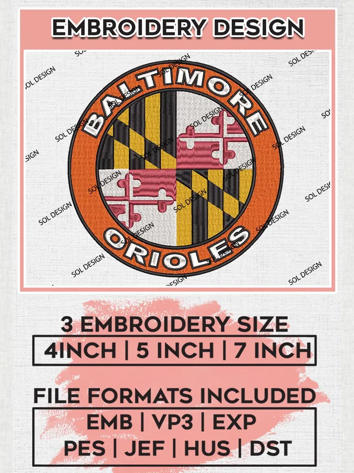 MLB Baltimore Orioles Round Logo Embroidery Files, MLB Baltimore Orioles Team Embroidery, MLB Teams, 3 sizes, MLB Machine embroidery designs, Digital Download