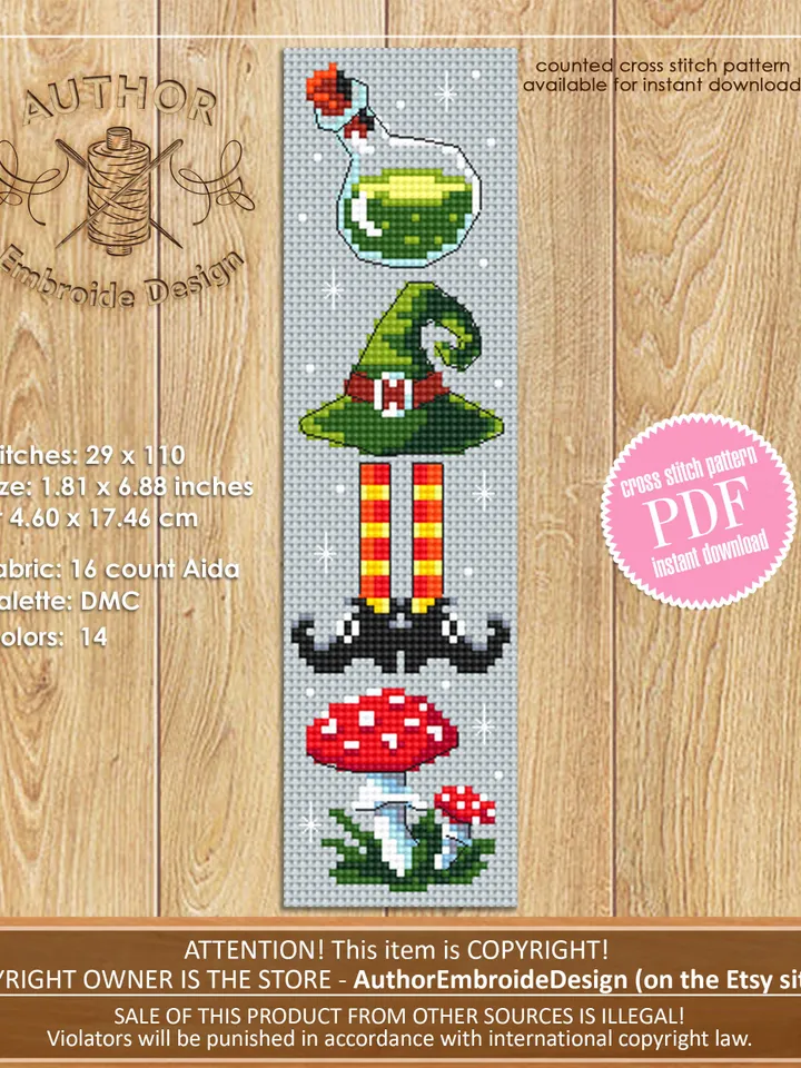 Halloween bookmark cross stitch pattern PDF download Witch cross stitch chart, Handmade bookmark pattern digital, Witch hat, Mushroom #B218