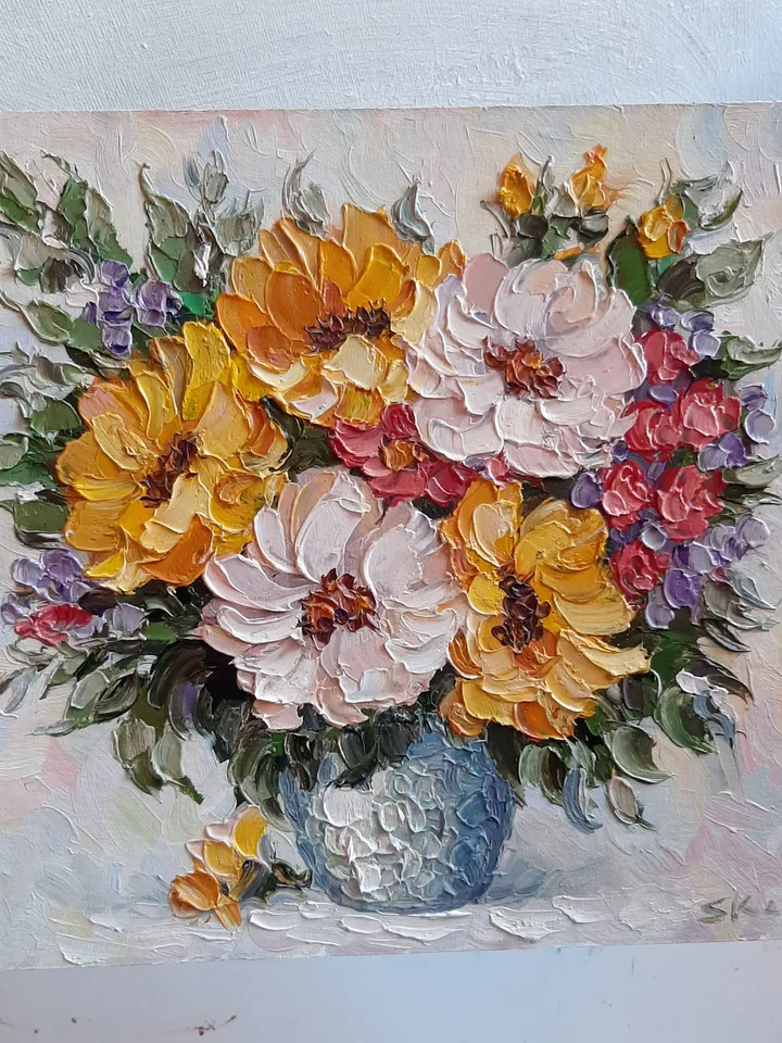 Small Flower oil painting Original art Textured Vaze wall art Yellow flowers painting