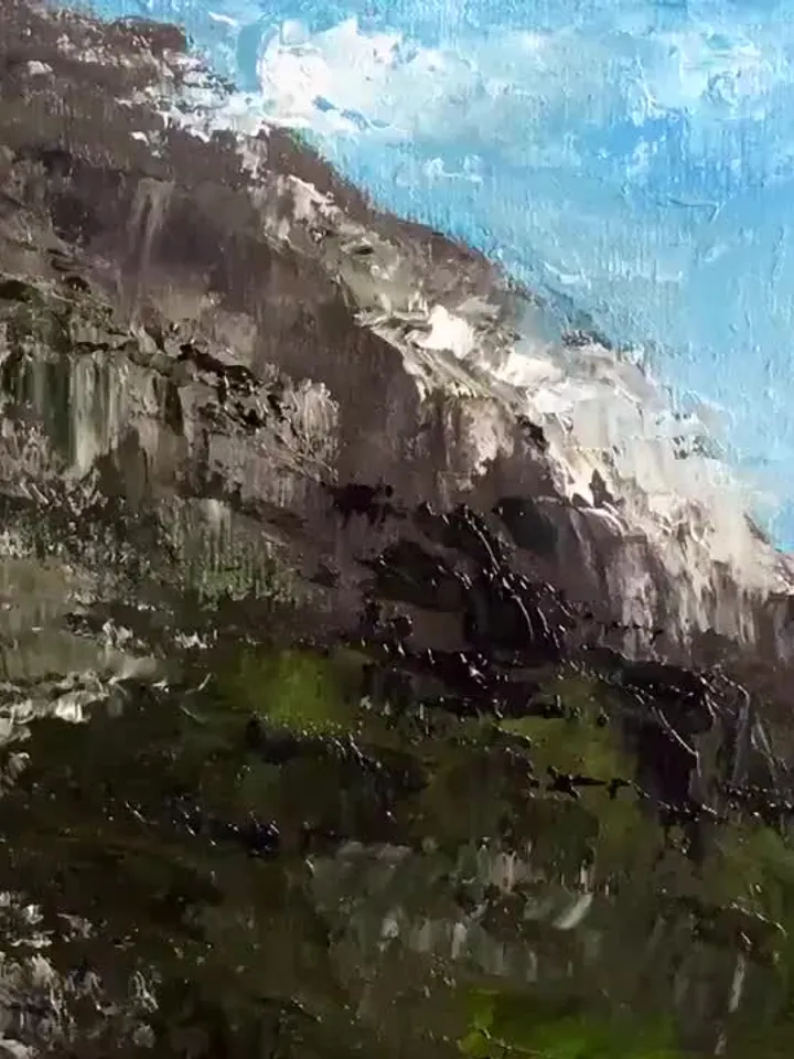 Floral landscape oil painting original, swiss alps and flowers impasto painting.Flowers and mountains painting.Swiss Alps painting.