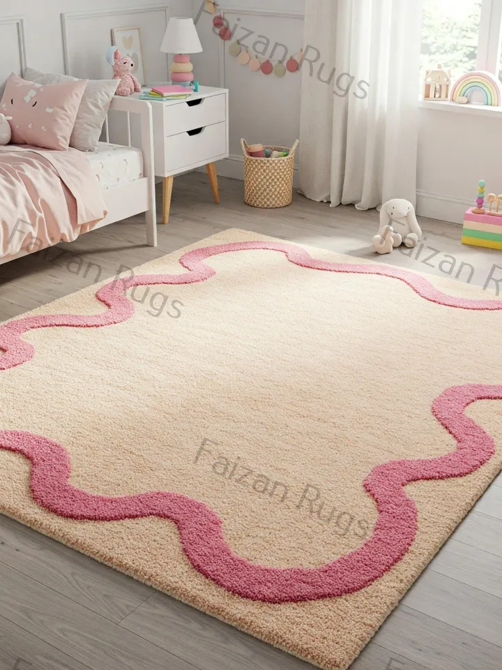 Wavy border rug, Pink rug, Kids rug, Large area rug, Home décor, rugs for living room, Bedroom rug, 9x12,10x14,6x9, gift for her.
