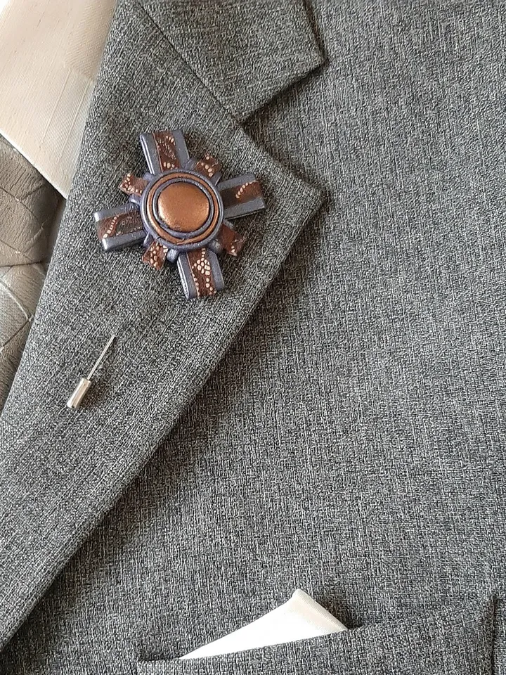 Medal men's lapel pin Leather boutonniere for him 3rd anniversary gift