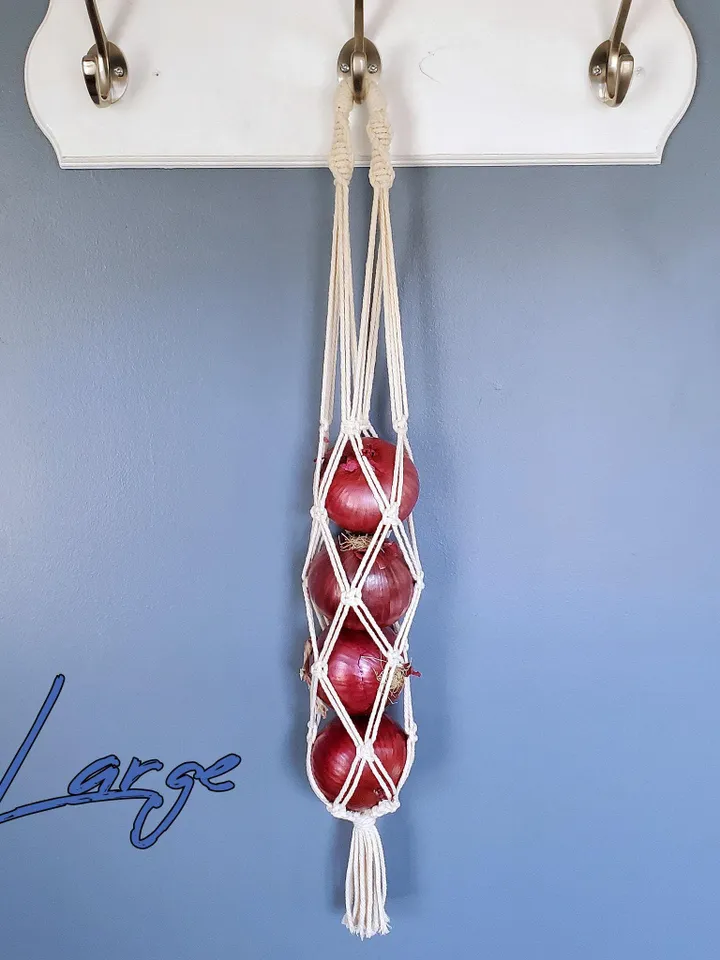 Macrame Produce Bag SET of 3 Sizes Large Medium Small Hang Fruits & Vegetables in a Breathable Boho Style Net for Kitchen Food Storage Gift