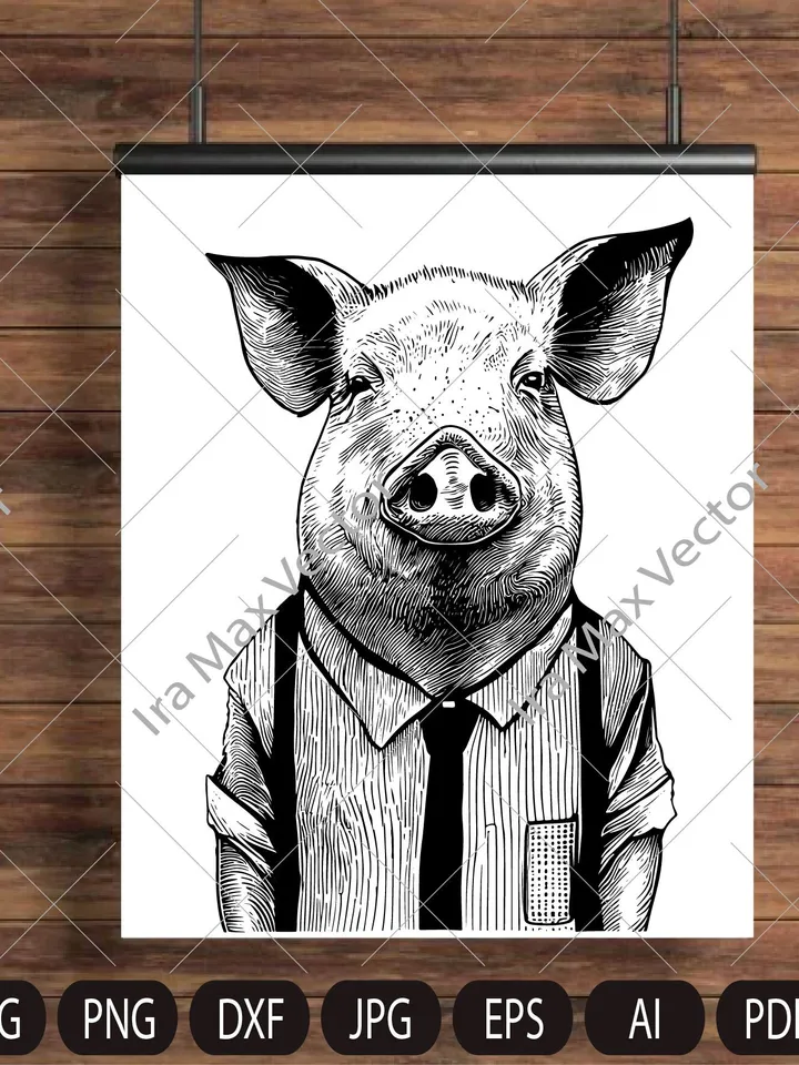 Pig Svg,Pig farmer,Pig in shirt,Pig man,Pig face, Pig head svg, Piglet Head, Pig t-shirt, Pig detailed portrait, Farm Animals Silhouette