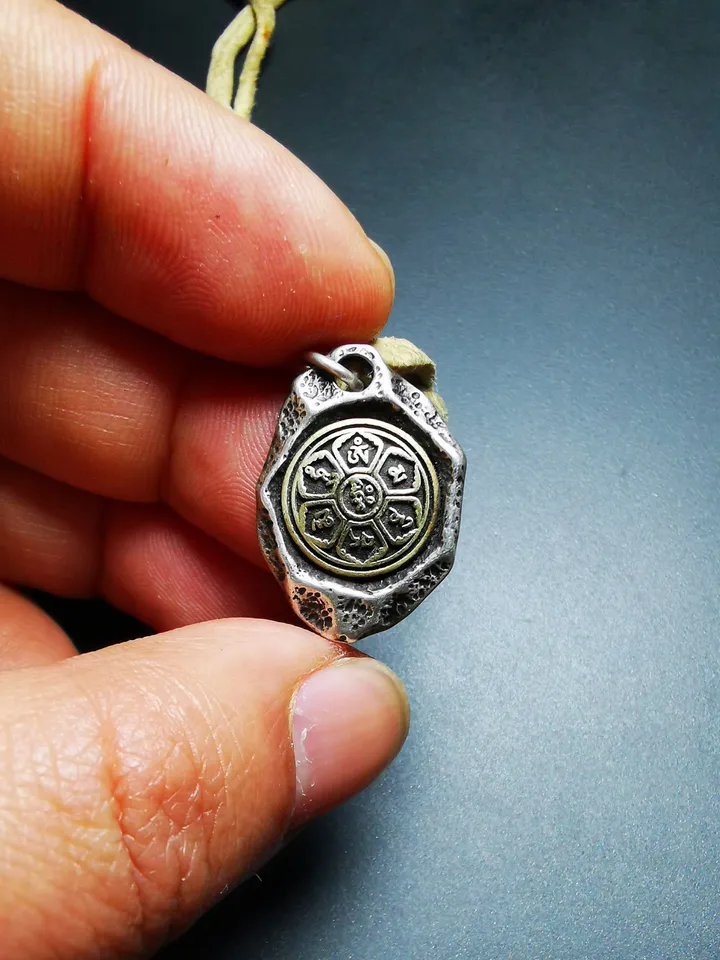 Gandhanra Handmade Tibetan Buddhist Protective Pendant,Om Mani Padme Hum Mantra Amulet,Sterling Silver Gilt