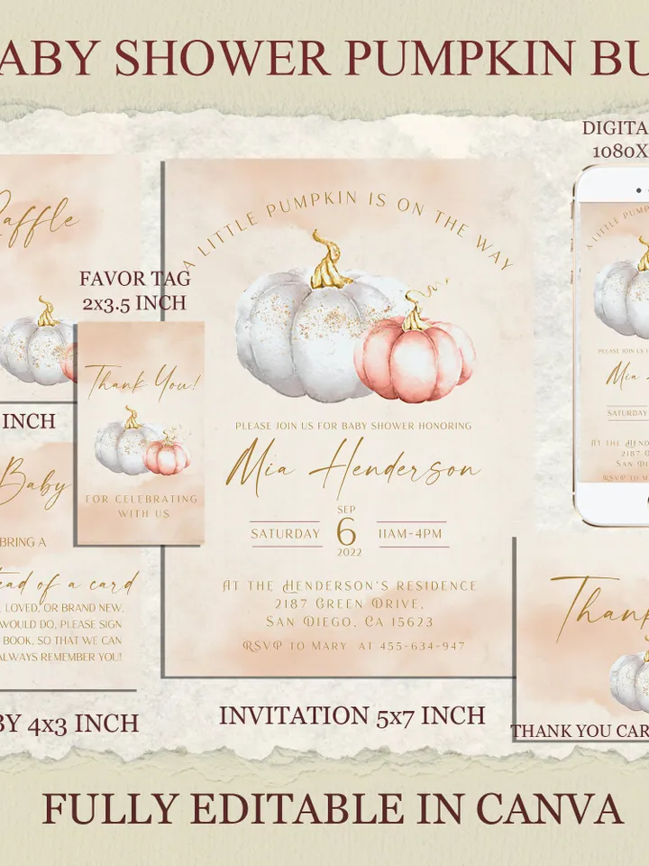 A little Pumpkin on the Way! Autumn Baby Shower Invite; Pink Pumpkin Baby Shower Invitation set; Pumpkin 2022 trend Autumn baby shower kit