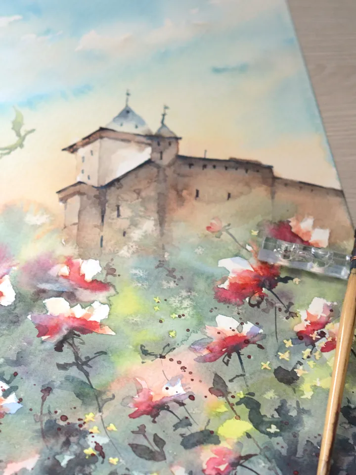 Dragon castle painting Original fantasy art by Yulia Evsyukova