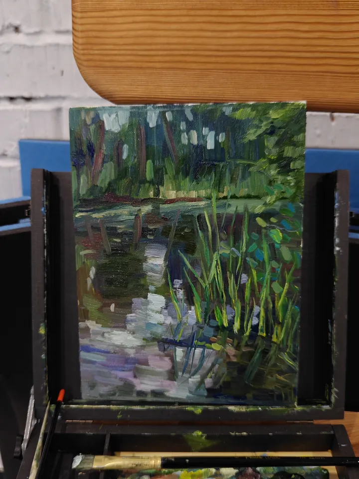 Original oil painting scenery forest lake