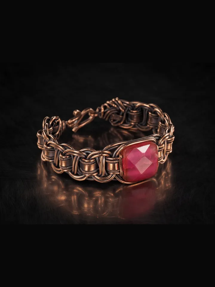 Copper wire wrapped agate bracelet Unique woven copper wire bangle Small size