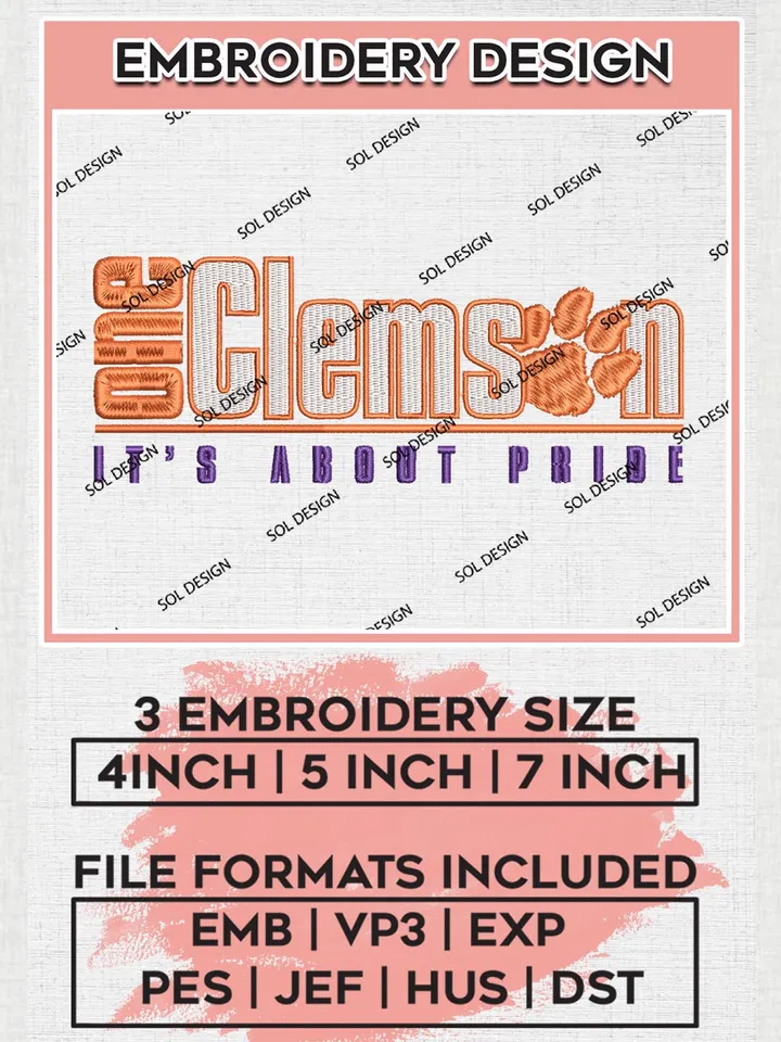 NCAA One Clemson It's About Pride Team Logo Embroidery Design Files, NCAA Clemson Tigers Machine Embroidery, NCAA Teams, 3 sizes, NCAA Machine embroidery designs, Digital Download