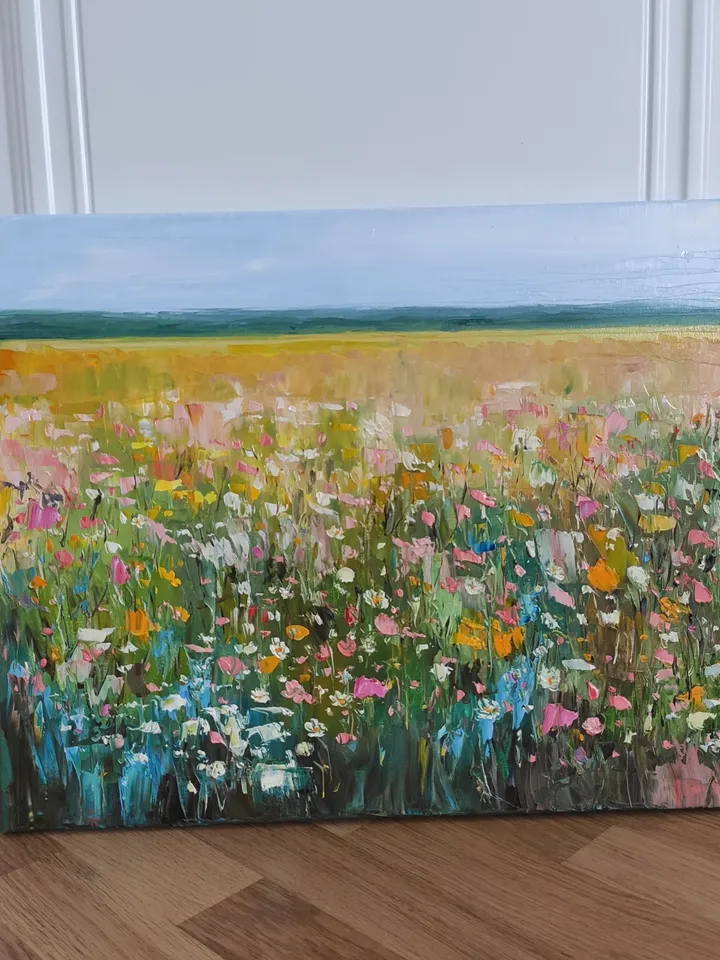 Oil painting abstract landscape with wildflowers.