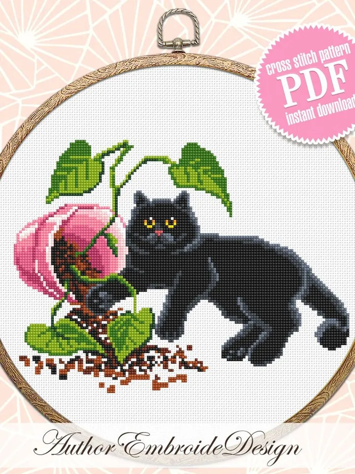 Black cat and plants cross stitch pattern PDF download Funny cat cross stitch chart, House plant pattern digital PDF, Cat lover gift #K46