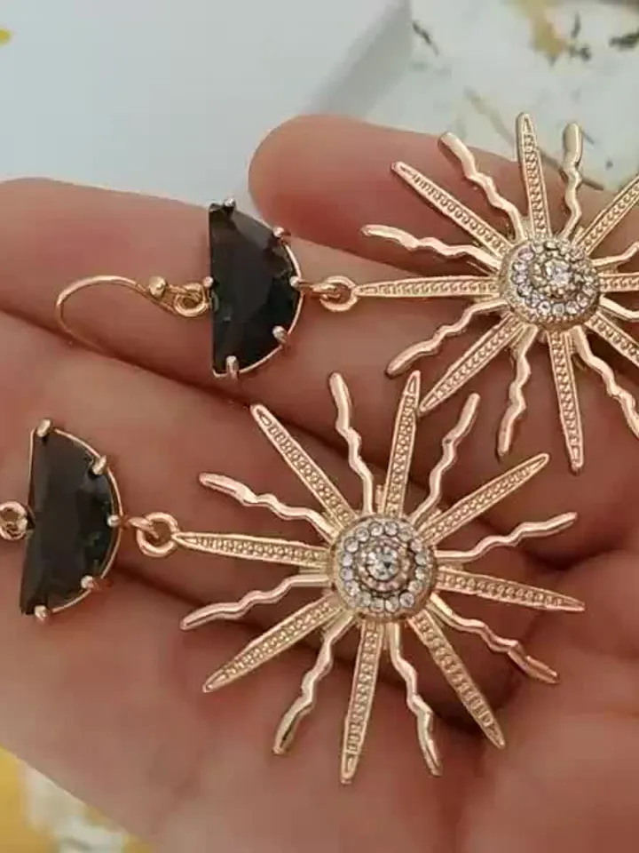 Art Deco Wedding Earrings, Gold Black Boho Bridal Earrings, Sun Celestial Statement Wedding Earrings For Bride, Star Bridal Earrings Jewelry