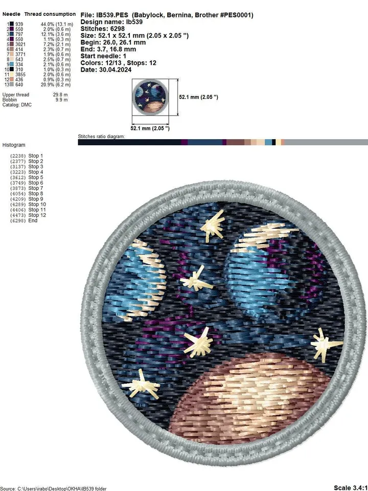 Machine embroidery design for art therapy: Brooch "Window to Space"
