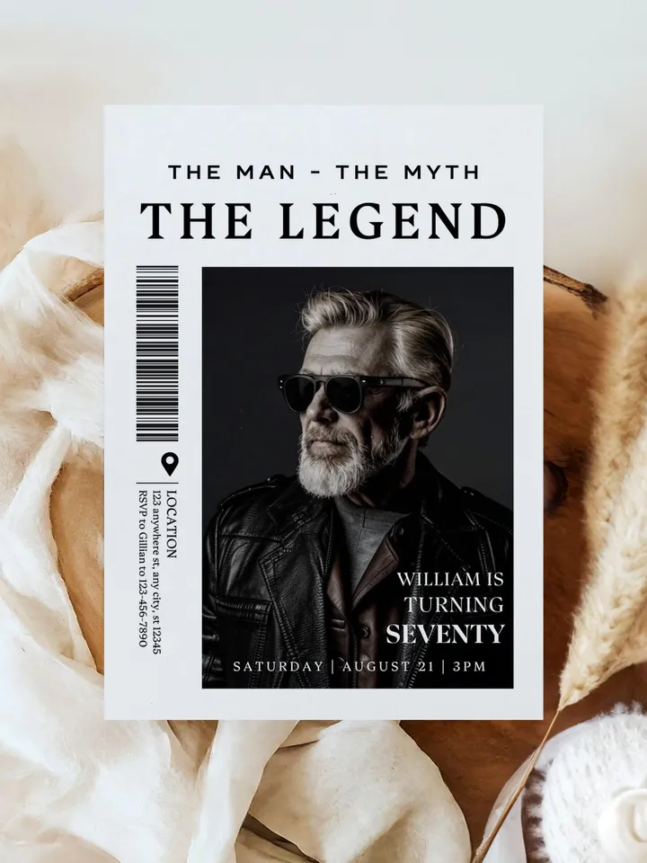 The Man The Myth The Legend 70th Birthday Invitation, SEVENTY, Editable Printable, 70th Party Text Invite, Instant Download, Canva Template