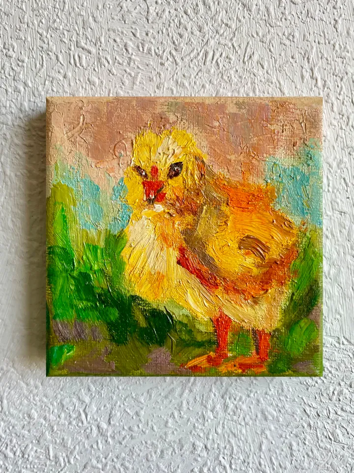 Yellow baby chick painting, Chicken bird Original oil Painting on Canvas, Farm animal art, Miniature Artwork 4"x 4"