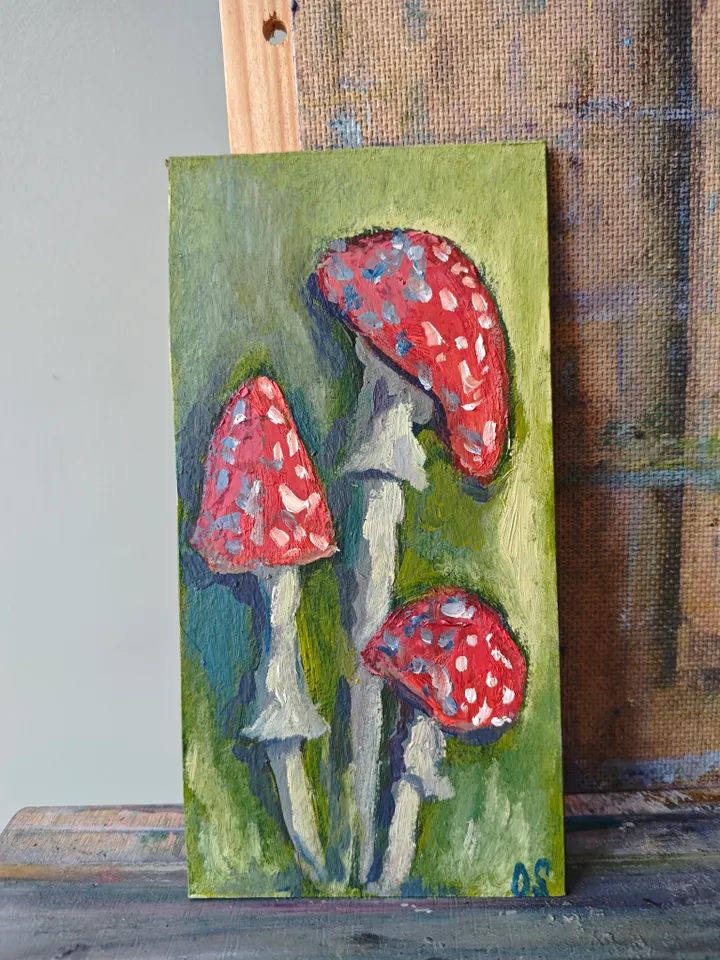 Mushroom Original Painting Red Amanita Original Art Fly Agaric Modern Artwork Red Mushrooms Wall Decor Amanita Oil Painting 4x8 inches by OlgaSokolovaArt
