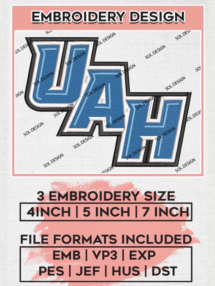 NCAA UAH Team Letter Logo Embroidery Design Files, NCAA Alabama Huntsville Chargers Machine Embroidery, NCAA Teams, 3 sizes, NCAA Machine embroidery designs, Digital Download
