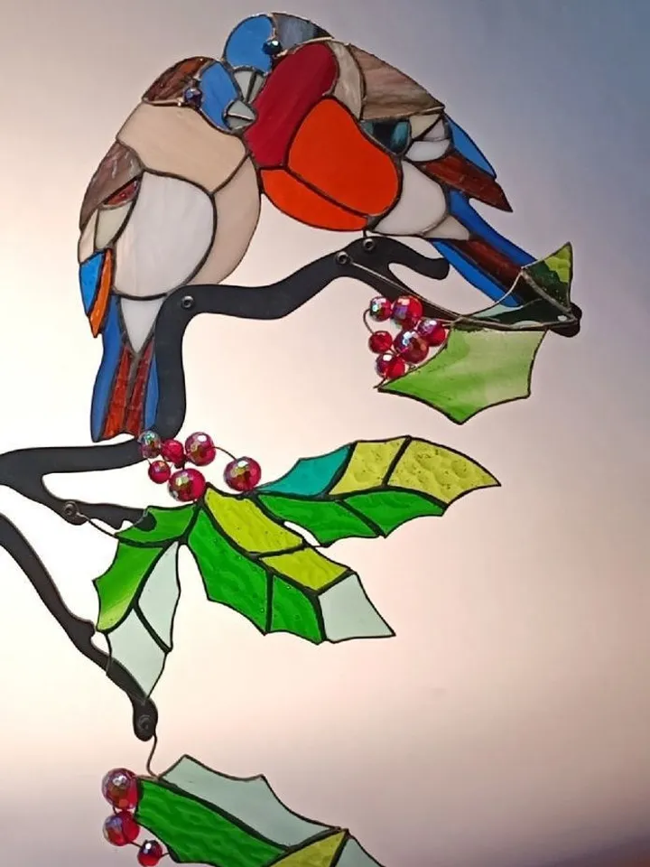 Lovebirds – Bullfinches on a Branch, Lovebirds Stained Glass Panel, Stained Glass Bullfinches on Branch, Romantic Bullfinches in Winter Art, Handcrafted Stained Glass Lovebirds, Winter Birds Stained Glass Decoration, Bullfinches with Berries Stained Glass