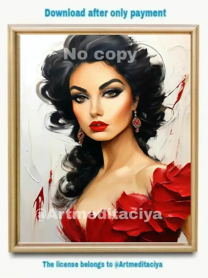 Digital abstract 3d textural painting "Carmen" in impasto style, painted in oil with a palette knife on an abstract white background. This is a concise image of a beautiful charismatic Spanish brunette with expressive brown eyes in a red outfit with earri