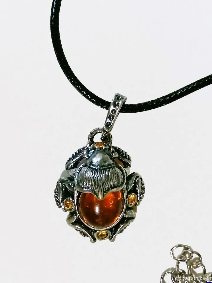 Scarab Beetle Silver and Baltic Amber Jewelry Amulet Pendant Necklace Gift for Women Men Handmade Insect Jewelry Vintage