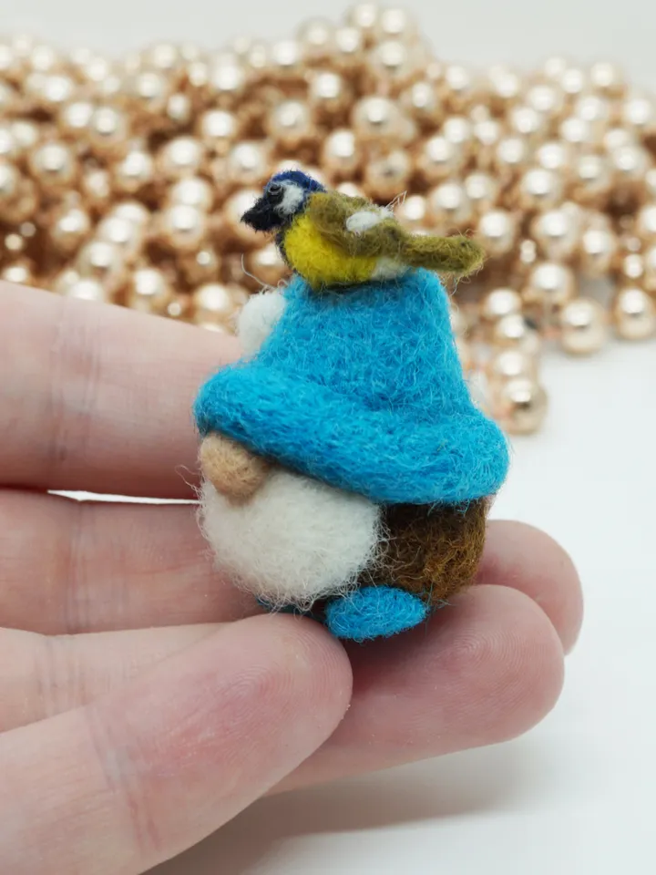 Miniature needle felted gnome, spring gnome, blue tit, made to order