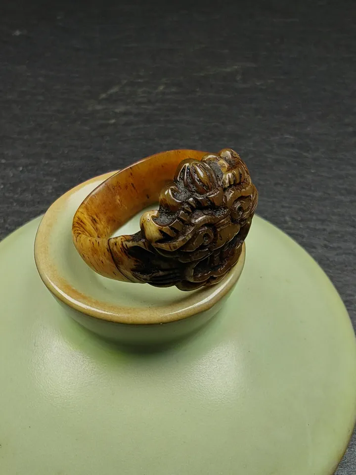 ONLY ONE - Gandhanra Hand Carved Tibetan Yak Bone Ring, Snow Lion Pattern,US Size 7.5,Inner Diameter 17.75mm