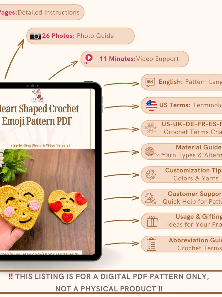 Crochet Heart Pattern, Cute Emoji Design for Heart-Shaped Motifs, Perfect DIY Gift Idea for Crocheting Enthusiasts