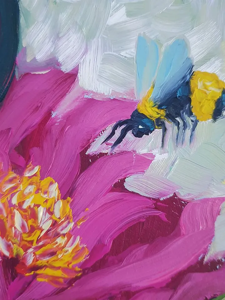 Bee Painting Floral Original Art Tropical Wall Art Flower Small Oil Painting