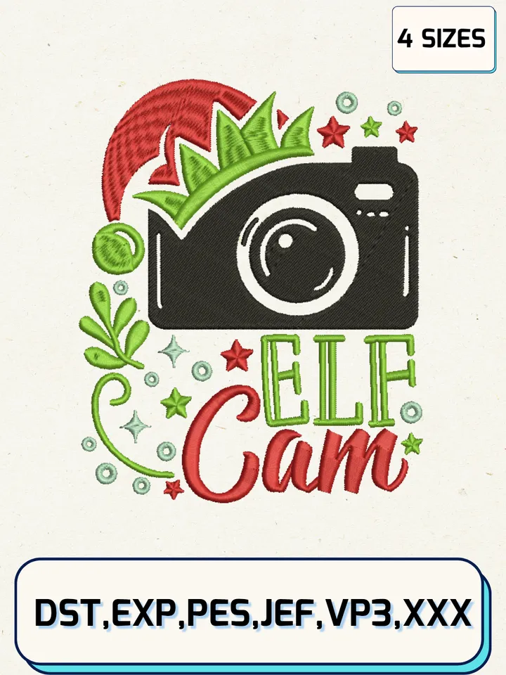 Elf Cam Merry Christmas Embroidery Design Files,Christmas Embroidery Designs,Machine Embroidery Files,4 Sizes