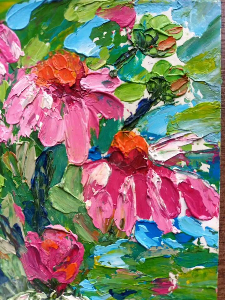 Oil painting bouquet of Echinacea flowers