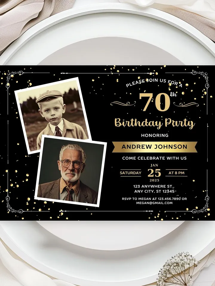 70th Birthday invitation with Photo | Adult Birthday Photo Invite | Mens birthday Black Gold landscape invitation card | Canva template