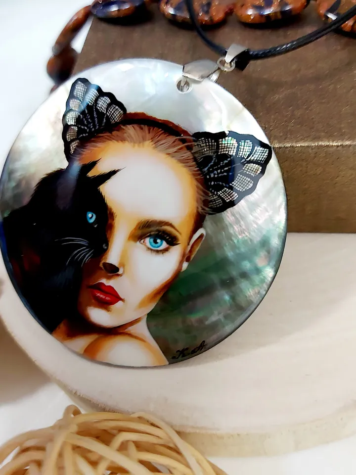 Pearl pendant necklace: Femme fatale and black cat with Blue eyes. Exclusive painting on handmade jewelry. Dainty cat necklace for woman