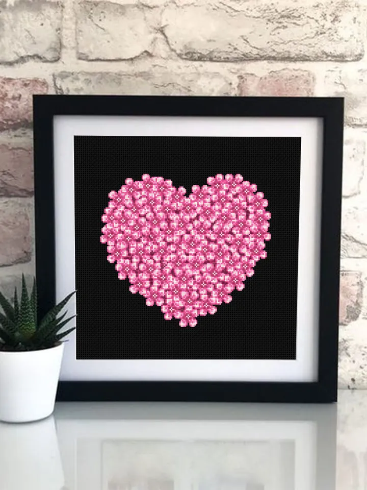 Flower heart cross stitch pattern PDF download Pink flowers cross stitch chart digital, Floral heart ornament for hand embroidery PDF #P37