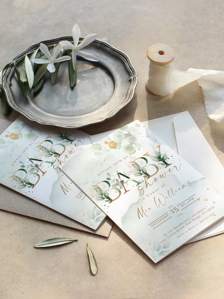 Greenery Baby Shower Invitation Template; Botanical Baby Shower; Green Gold Leaves Baby Shower Invite; Eucalyptus Baby Shower original
