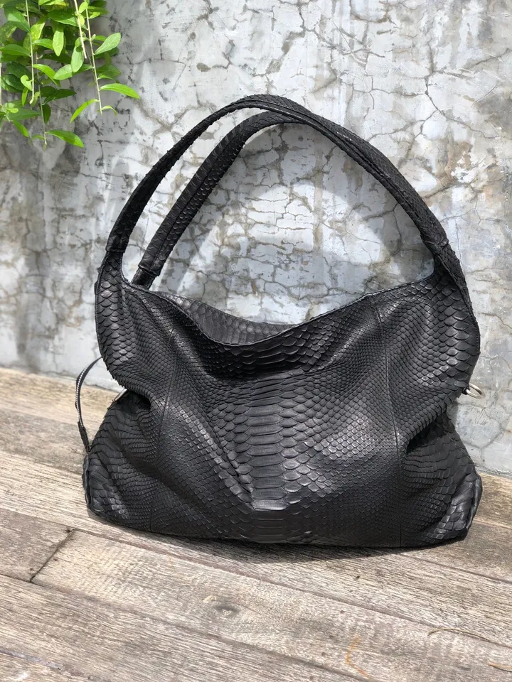Big Soft Hobo Classy Sport Woman Bag | Purse Genuine Python Skin | Python Skin Products | Black Big Elegant Leather Designer Soft Bag Snake