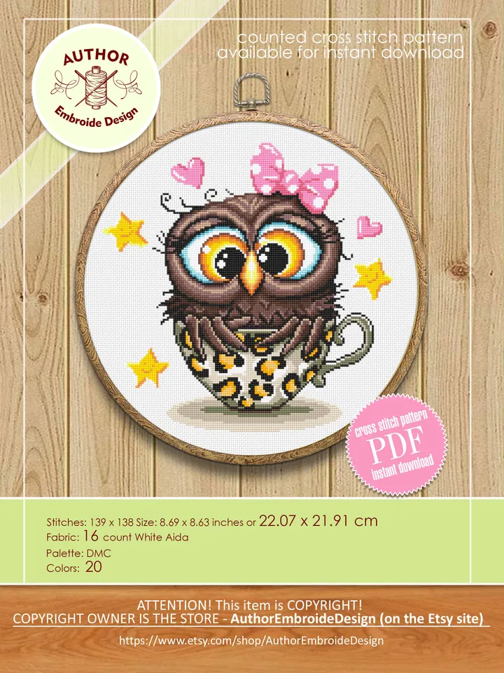 Cute owl cross stitch pattern digital PDF Leopard print cup cross stitch Instant download PDF Funny bird xstitch chart Modern Home decor #D5