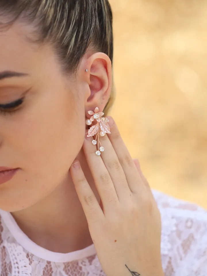 Boho Wedding Earrings, Rose Gold Chandelier Statement Floral Wedding Earrings, Flower Jewelry For Bride, Jewellery, Accessories, Jewelry Set