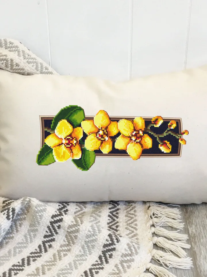 Flowers orchids cross stitch pattern download PDF Yellow orchid cross stitch sampler Floral xstitch chart digital DIY plant lovers gift #P31
