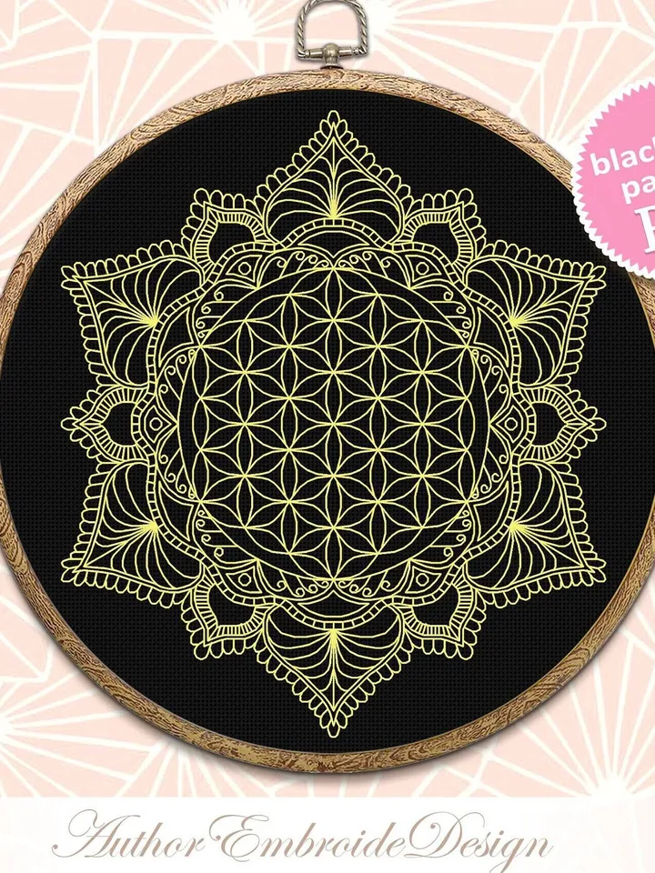 Flower of life mandala blackwork pattern PDF Floral mandala hand embroidery download PDF, Monochrome backstitch chart Mandala ornament #W23