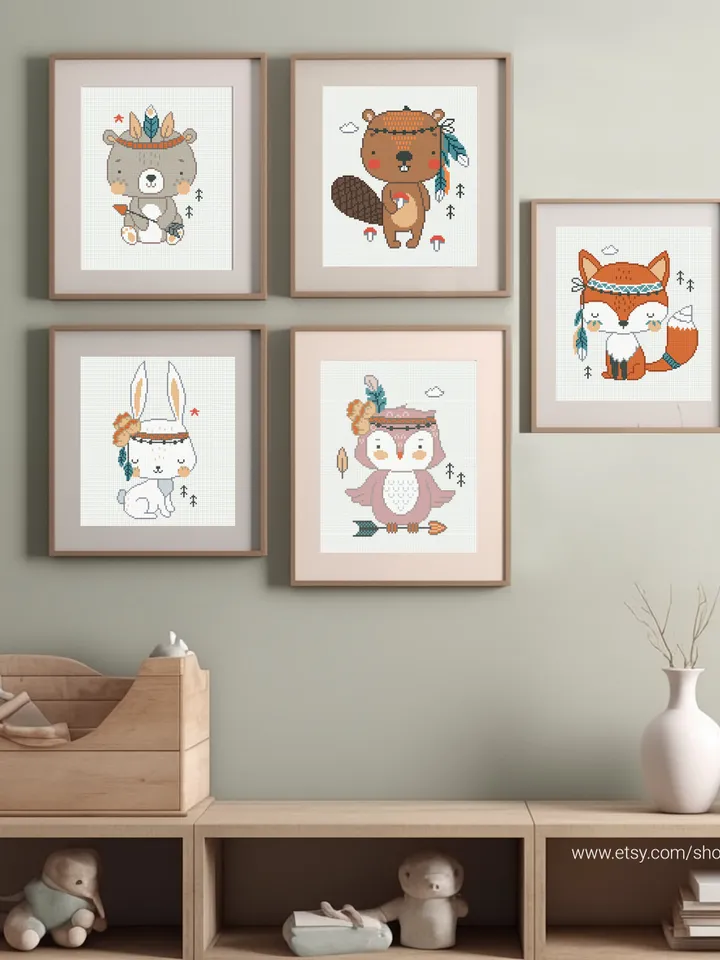 Bundle of 5 animals Boho style cross stitch pattern bear bunny owl fox beaver nursery decor counted chart gift DIY embroidery instant PDF